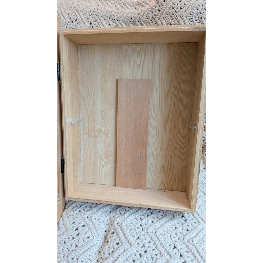 Natural Wood Shadow Box Display Case Hinged Glass Door Wall Hanging 16.5x13.5